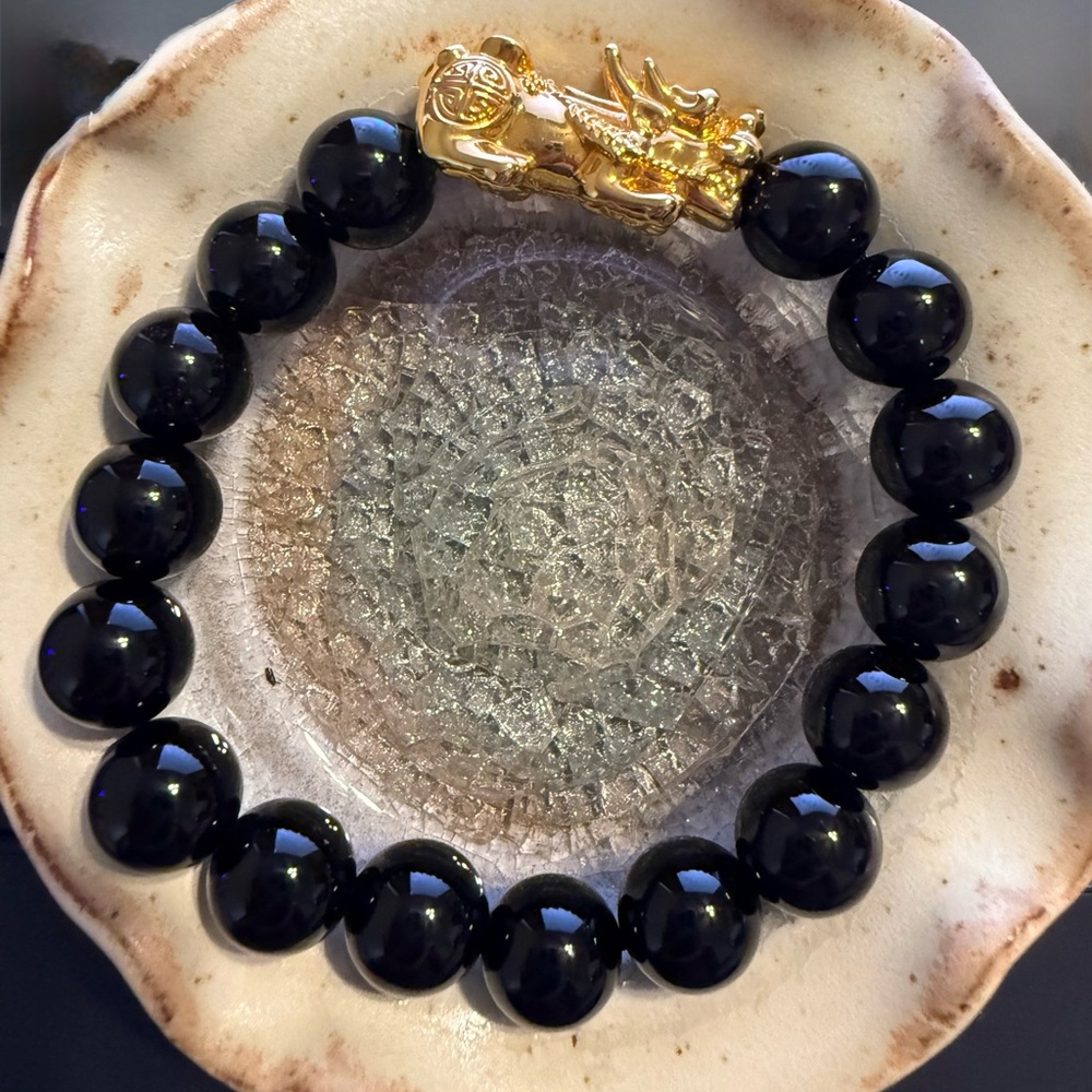 Gold Dragon Charm Black Beaded Bracelet
